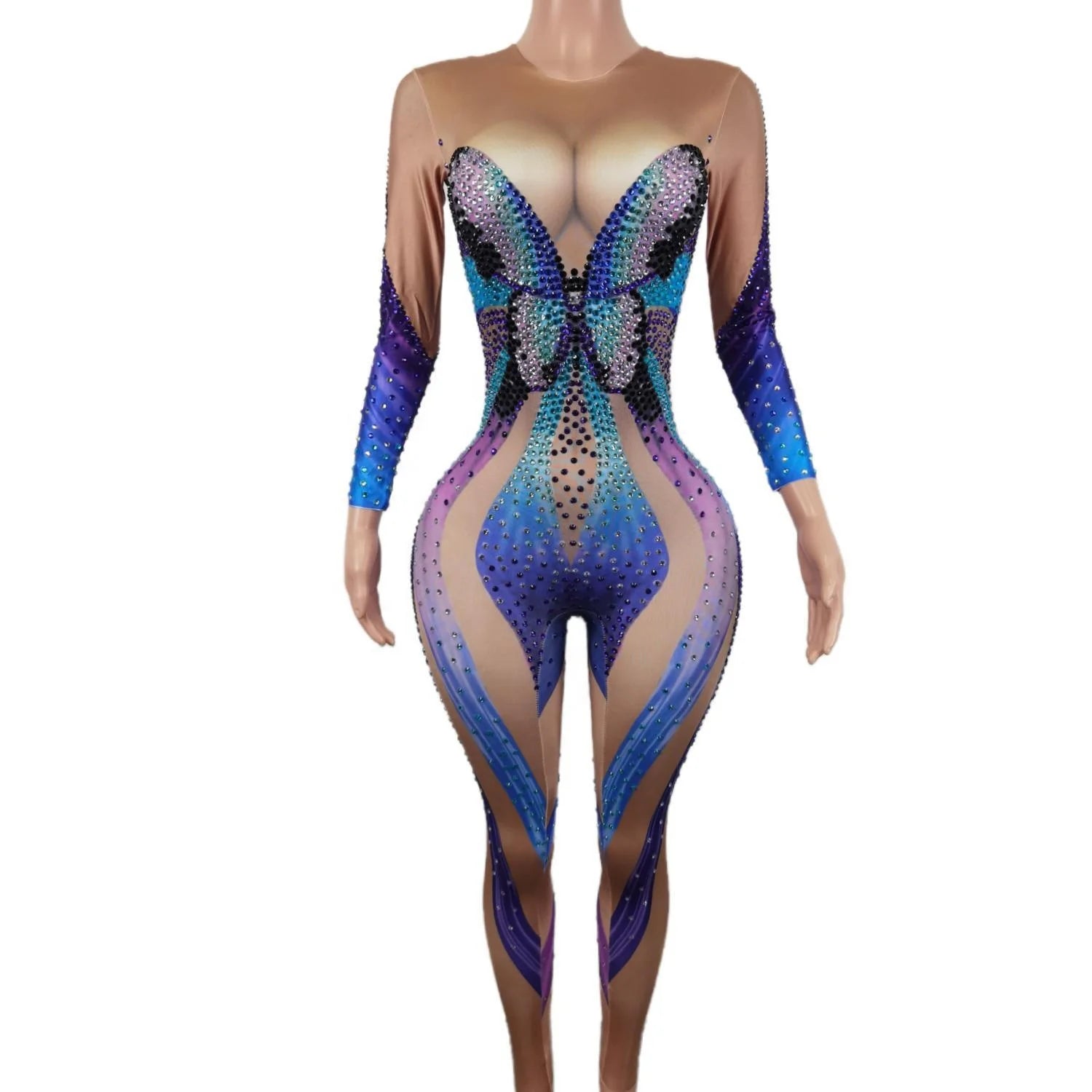 Mono Mujer Fashion Long Sleeve Blue Butterfly One Piece Bodysuit Show Dancer Bodycon Rompers Women Sexy Rhinestone Jumpsuit
