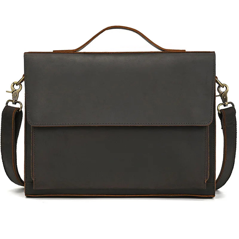 Men's Genuine Leather Shoulder Bag Crazy Horse Leather Flap Crossbody Bag 13 Inch Flap Business Tote