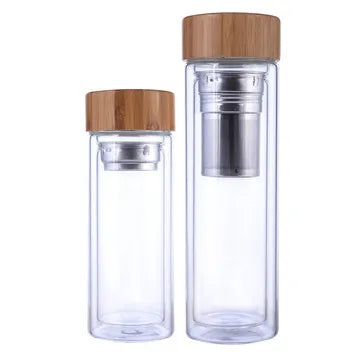 Wholesale Double Wall Bamboo Lid Glass Water Bottles Hot Water Bottles 300ml 400ml 500ml Tea Mug Glass Tumbler  With Bamboo Lid