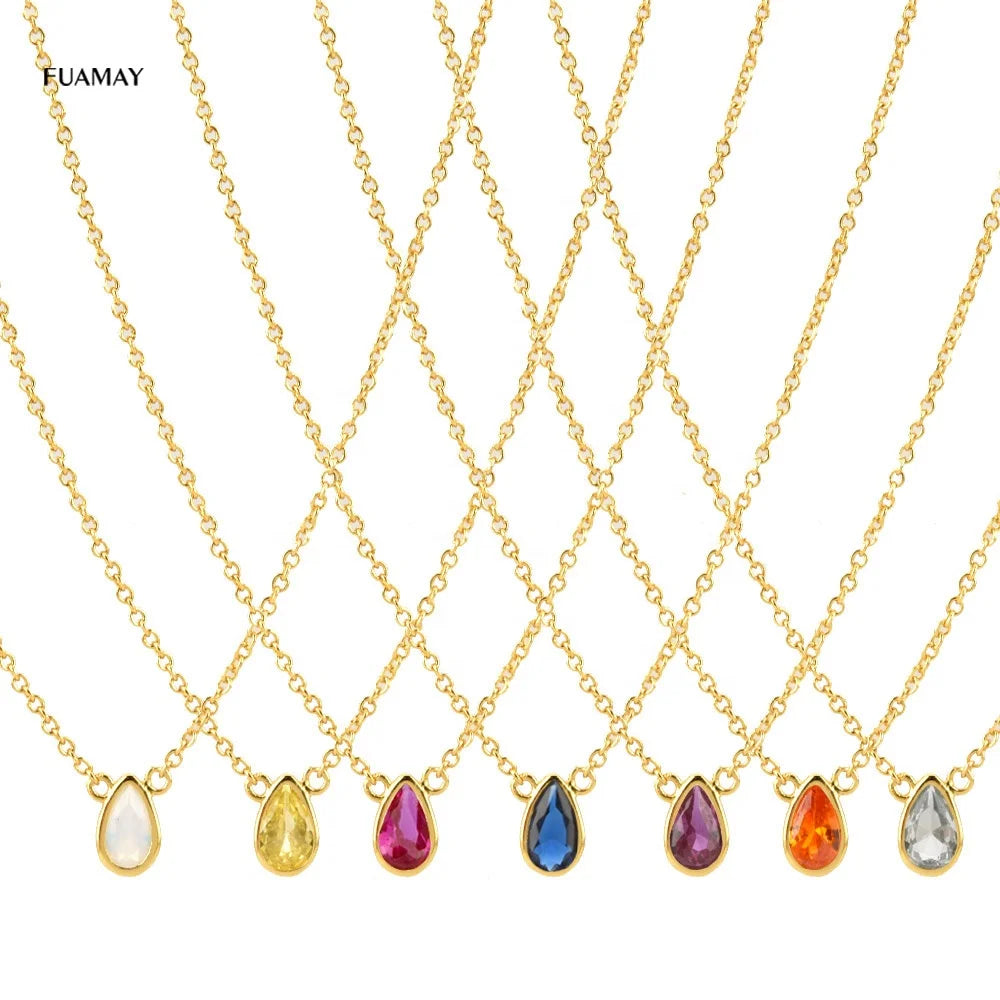 FUAMAY Silver Pear Yellow Diamond Chokers Necklaces Opal Amethyst Pink Rose Blue CZ Zirconia Birthstone Pear Shaped Necklaces