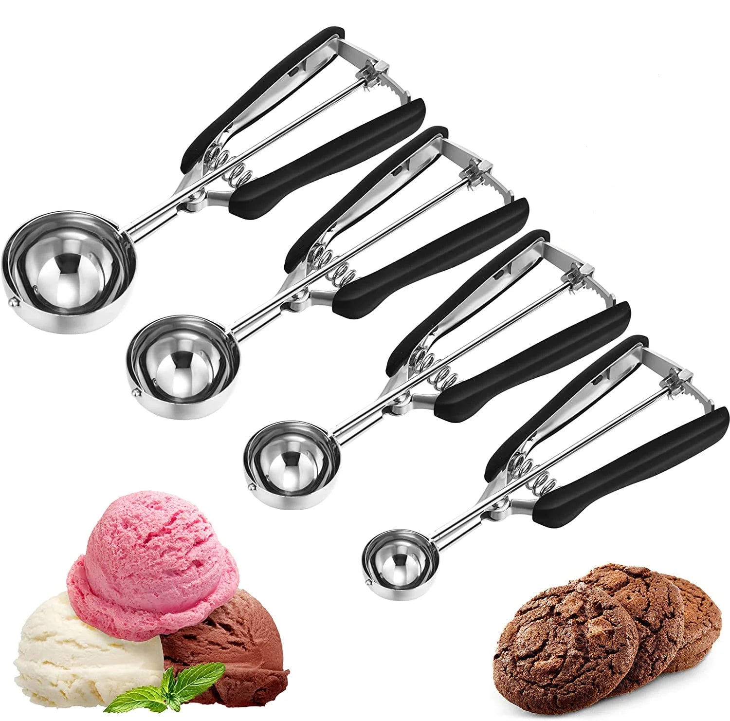 4 Pcs Stainless Steel Cookie Scoop Set Ice Cream Scoop With Trigger Release for Baking Cookie Cupcake Protein Balls Meatball