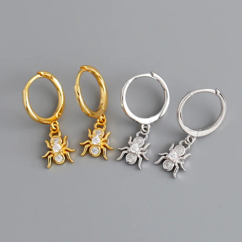 925 Sterling Silver Earrings Fine Jewelry CZ Cute Spider Design Diamond Drop Hoop Dangle Pendant Earrings