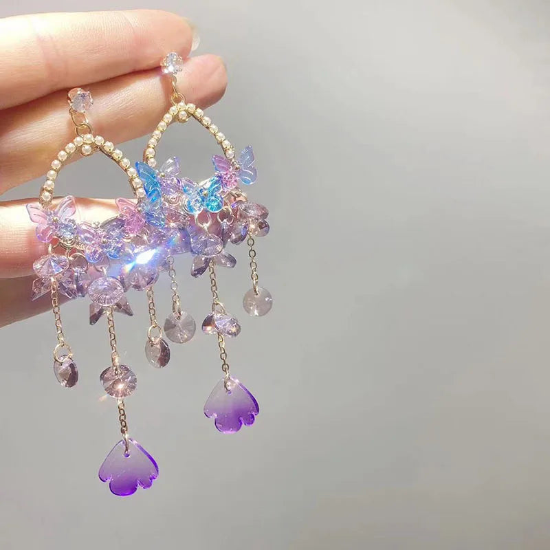 Hot Selling Retro Acrylic Purple Crystal Earrings Butterfly Earrings Crystal Tassel Earrings