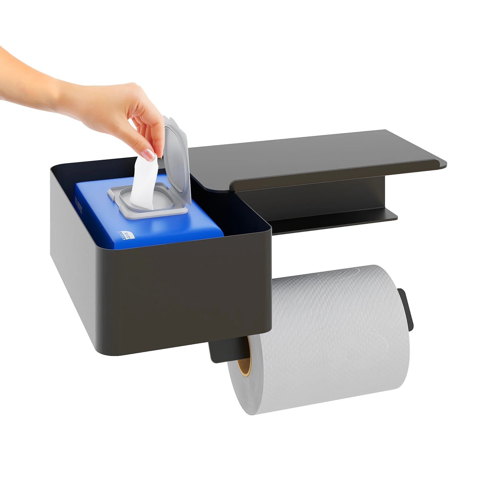 Modern Matte Black Wall Mounted Toilet Paper Holder with Storage Self-adhesive 3M Sticker Aluminum Rotatable Paper Towel Holder