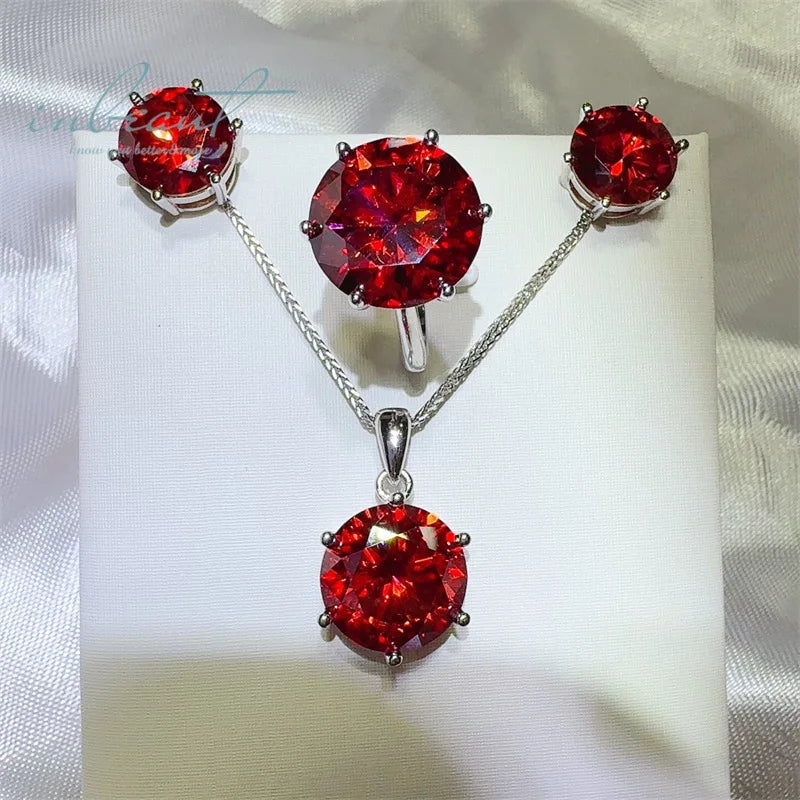 Silver 925 Original Total 20 ct Brilliant Cut Diamond Test Past Red Moissanite Jewelry Sets Ring Earrings Necklace for Women