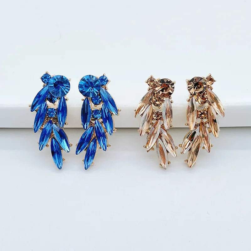 Trendy Jewelry Colorful Rhinestone Leaves Earrings Stud Clear Glass Crystal Geometric Leaf Earrings for Girl
