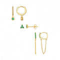 3 Pairs/Set Fashion Green Zircon 18K Gold Plated Hoop & Drop Earrings Set for Women-Party Engagement Jewelry