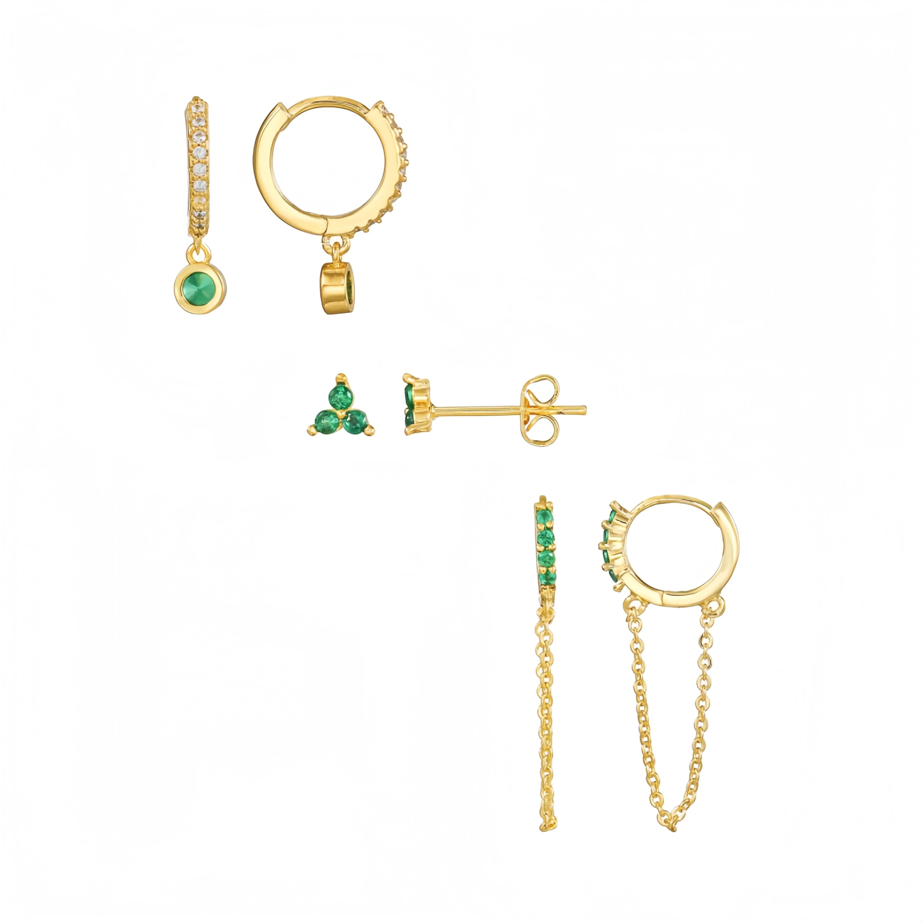 3 Pairs/Set Fashion Green Zircon 18K Gold Plated Hoop & Drop Earrings Set for Women-Party Engagement Jewelry