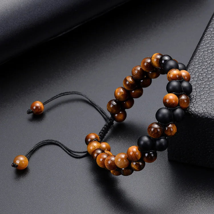 New Style 8mm Tiger Eye Double Layer Adjustable Charm Bead Bracelet Black Matte Nature Stone Bracelet for Men Women