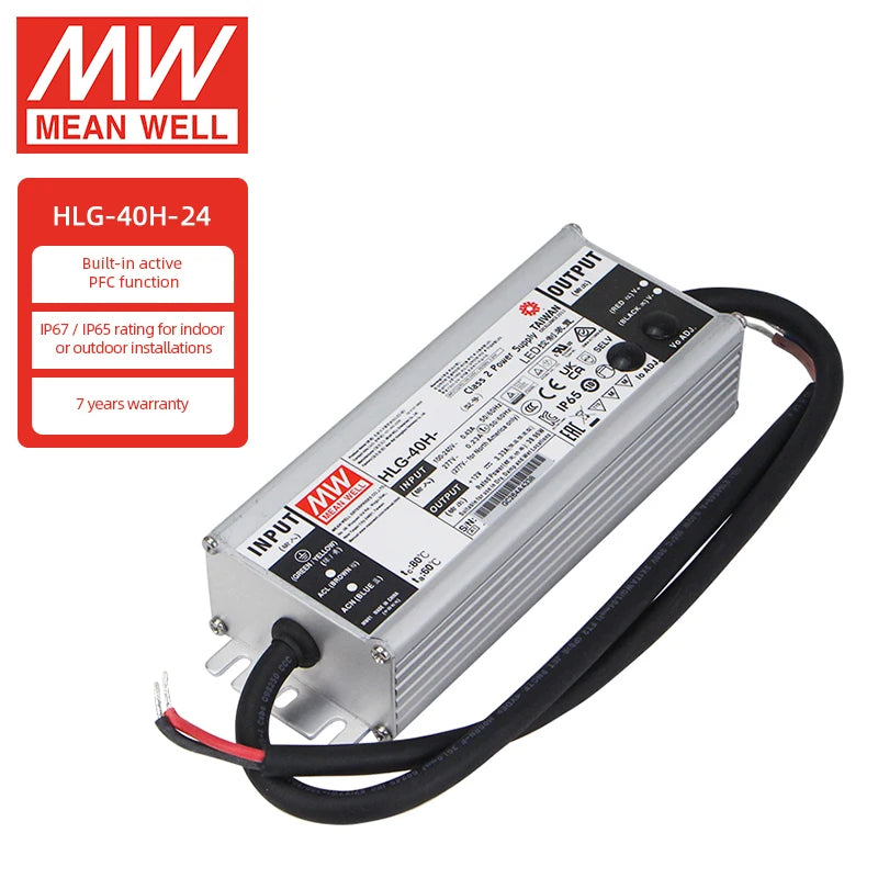 Mean Well HLG-40H-24 Ac/Dc Power Adapter 7 Years Warranty 40W 24V Dc Power Supply IP67 Led Driver Meanwell