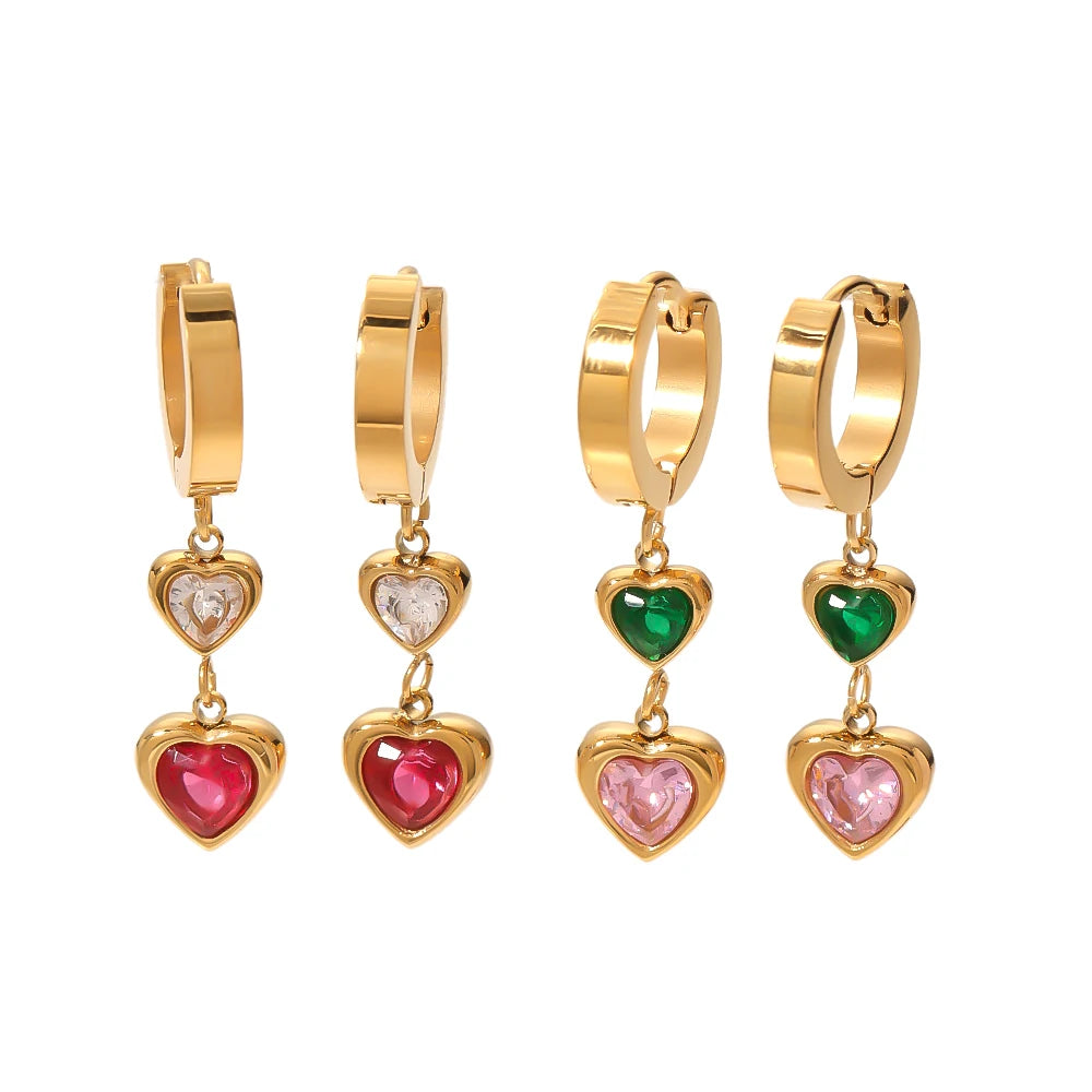 Rainbow Stainless Steel 18K Gold Plated Colorful Cubic Zircon Paved Diamond Dangle Huggie Earrings for Women