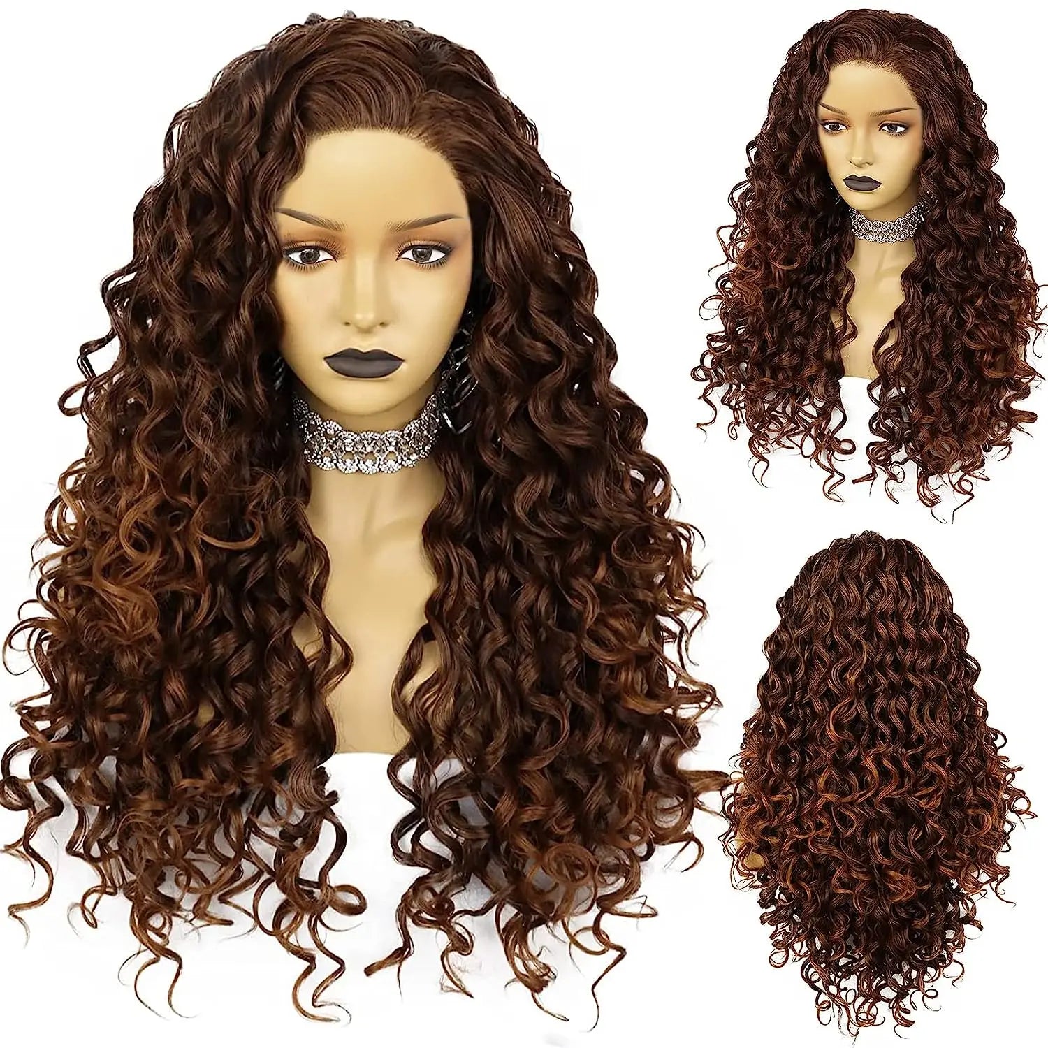 FUJIA Hair Cap+Mixed Brown Curly Wig Long Deep Curly Wig Natural Hairline Spiral Curls Wigs for Women Hair(NO LACE)