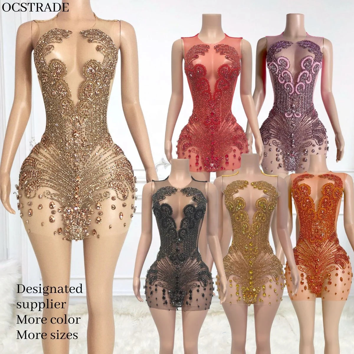 Ocstrade Fashion Sparkly O Neck Sleeveless Rhinestone Birthday Dresses Elegant Bodycon Appliques Club Party Dresses for Women