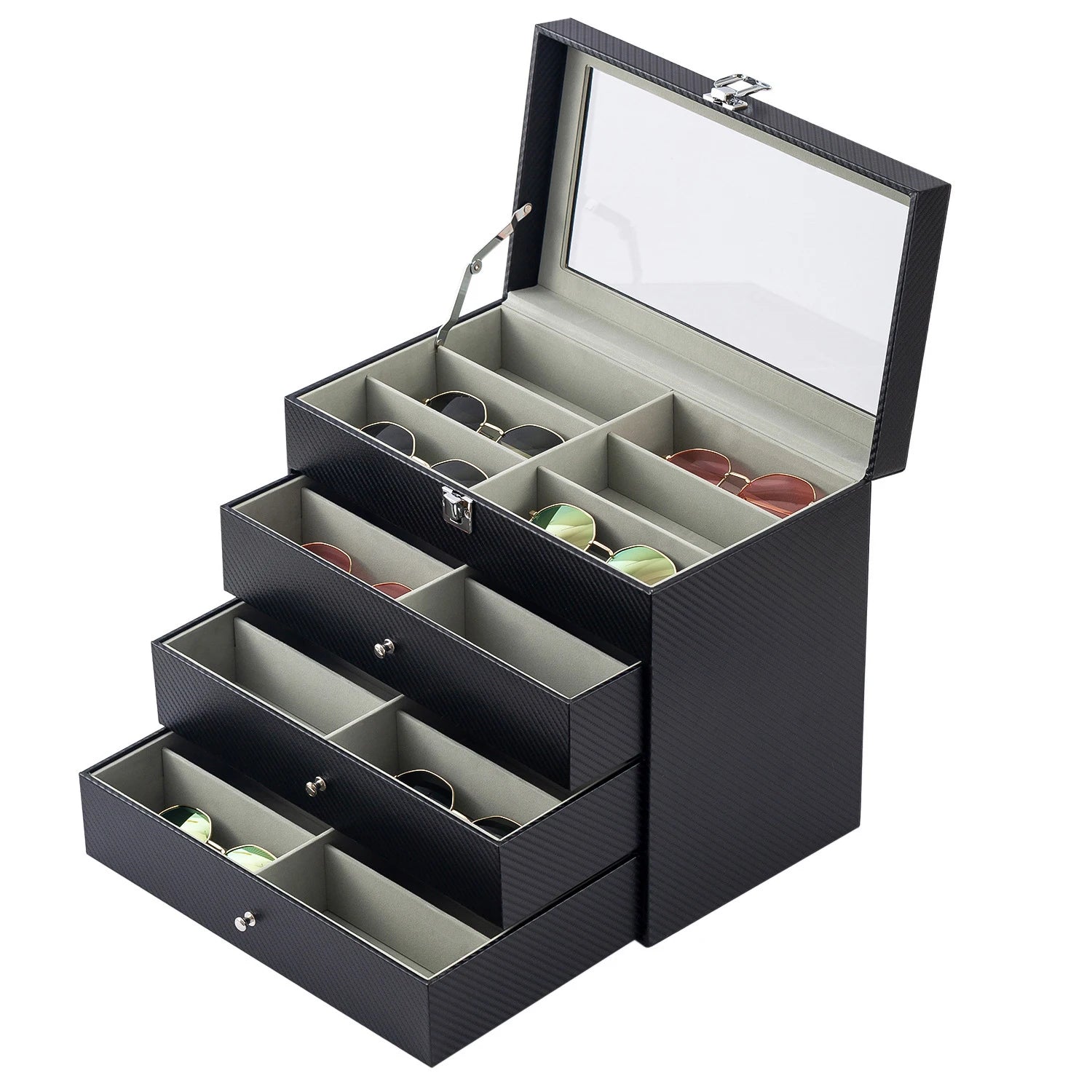 High End 24 Grids Sunglasses Storage Box Carbon Fiber Leather Eyewear Tray Container Watch Jewelry Display Organizer