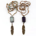 Bohemian Jewelry for Women Festival Gift 4mm Natural Stone Knotted Rectangle Stone Links and Leaf Pendant Necklaces