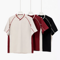 2025 Wholesale Retro American Style 260g Short-sleeved T-shirt for Men with Contrasting Lines V-neck Loose Tshirts