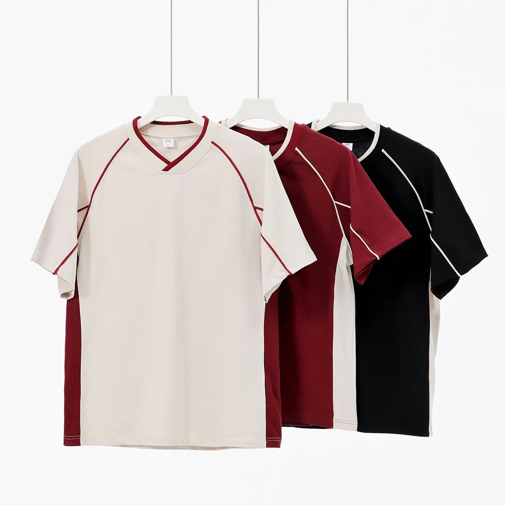 2025 Wholesale Retro American Style 260g Short-sleeved T-shirt for Men with Contrasting Lines V-neck Loose Tshirts