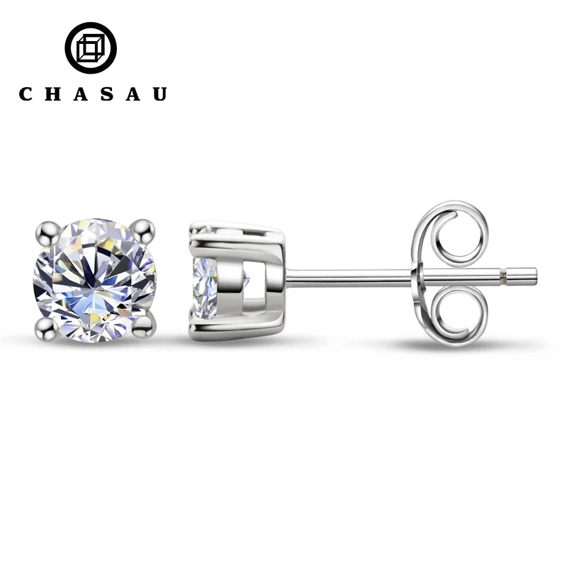 100% Real  925 Sterling Silver Simple 3mm 4mm 5mm Round D Color White Moissanite Four Claws Classic Stud Earring for Men Women