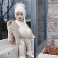 Factory Wholesale Winter Warm Toddler Baby Knitted 3 Real Fur Ball Earflap Tassel String Kids Beanie With Pom Pom