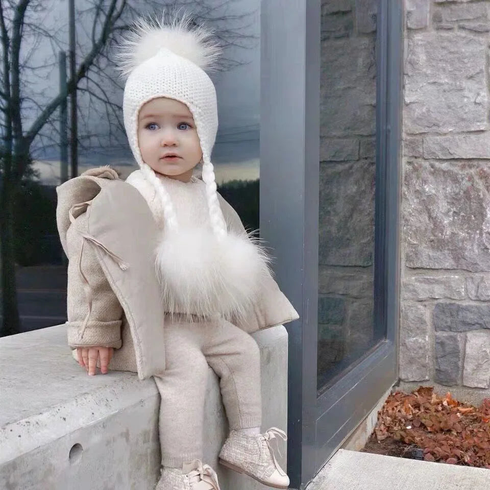 Factory Wholesale Winter Warm Toddler Baby Knitted 3 Real Fur Ball Earflap Tassel String Kids Beanie With Pom Pom