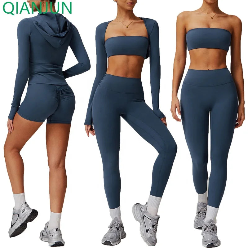Custom Logo 5 Piece Women Yoga Set Yoga Sports Long Sleeve Jacket Outdoor Running Pants Gym Fitness Sets