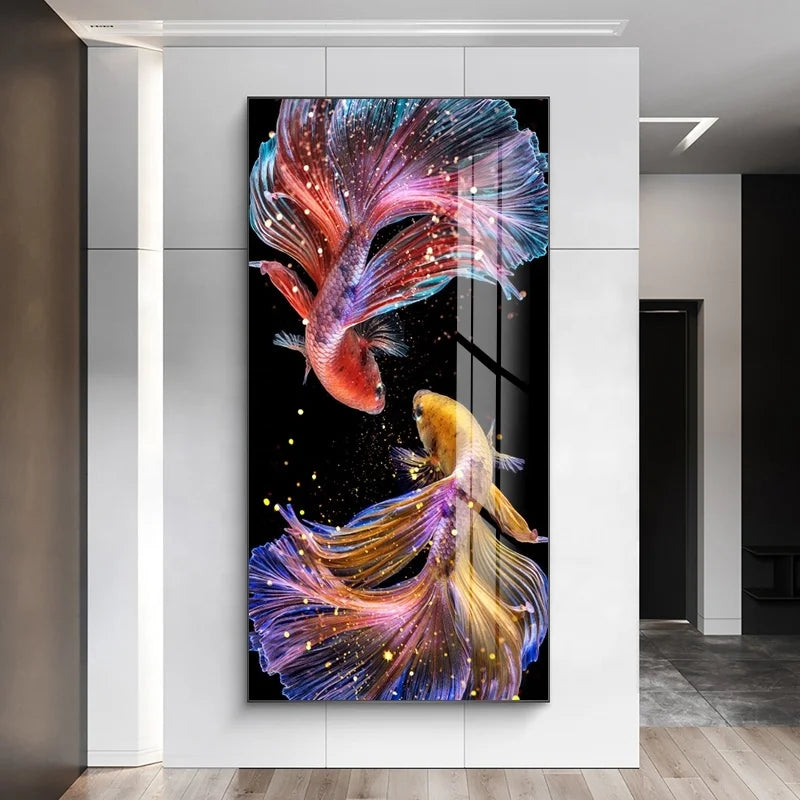 Koi Lucky Fish 3d Diamond Crystal Porcelain Painting Wall Painting with Frame