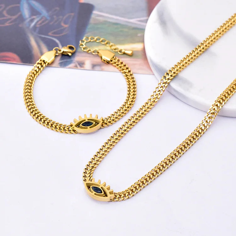 Stainless Steel Gold Plated Oval Eyes Pendant Dark Blue Zircon Devil Eyes Bracelet Necklace Set Women Men Wedding Fashion