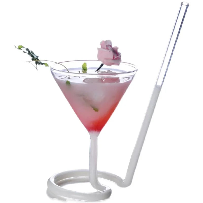Custom Logo Creative Curved Straw Cocktail Martini Glass Transparent Crystal Ceramic Metal Drinkware 110ml Loveyalty Home Party