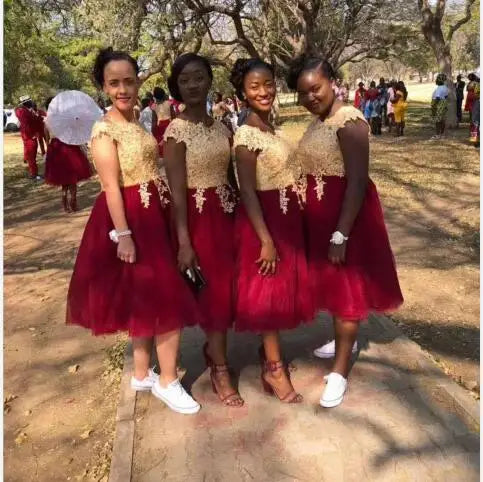 Wholesale Cheap African Customized Party Maid of Honor Knee Length Burgundy Gold Bridesmaid Dresses MB406
