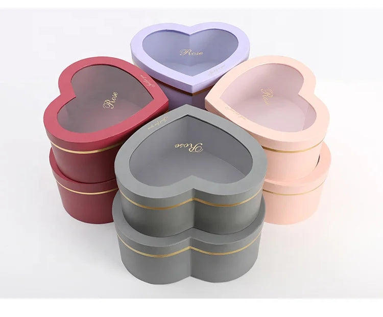Eco Friendly Heart Shaped Foldable Flower Packaging Gift Paper Box Parcel with clear Window on Lid