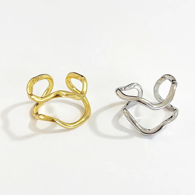Geometric Double Layer Wave Shape Rings 925 Sterling Silver Women Jewelry