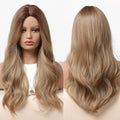 HAIRCUBE Factory Long Wave Synthetic Wig Ombre Brown Dark Roots Natural mid-split Wigs for Women Daily Faker Hair