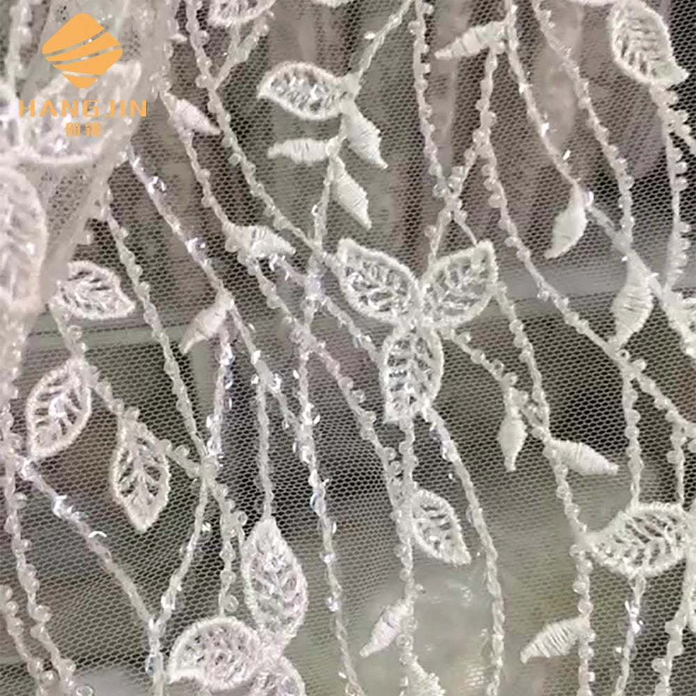 Hot Wedding Lace Fabric Handmade Beaded Lace White Embroidery Fabric Lace Tulle