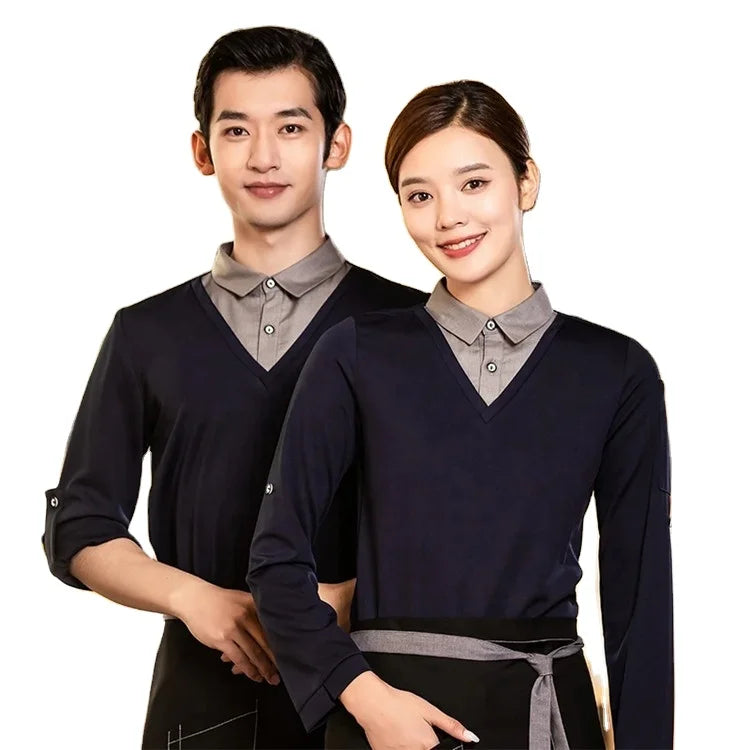 Factory Waitress Waiter Server Catering Hotel Restaurant Cafe Pub Bar Long Sleeve Shirt T-shirts Stretchy Uniform Shirt T-shirt