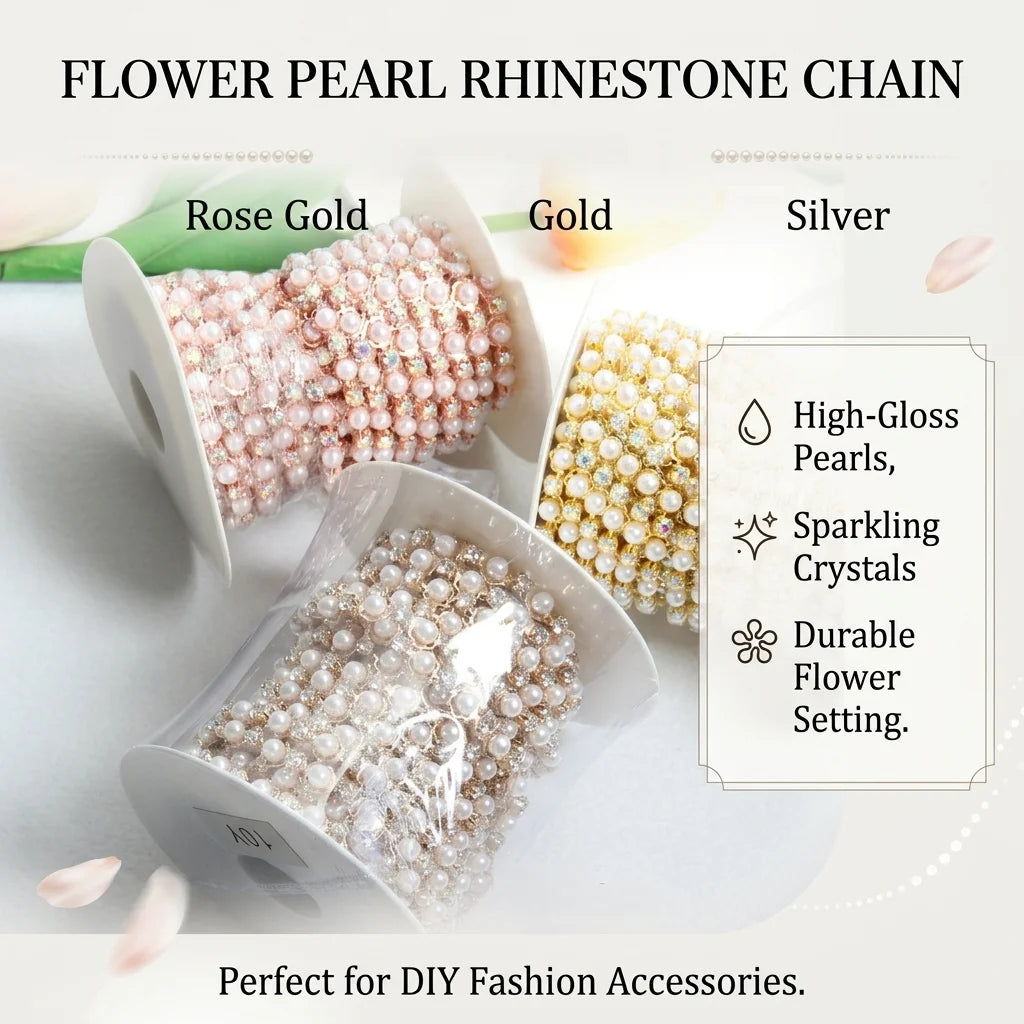 Sparkling Flower Pearl Rhinestone Chain | Luxurious Metal Crystal Trim for Wedding Dress Shoes Clothing DIY Decor
