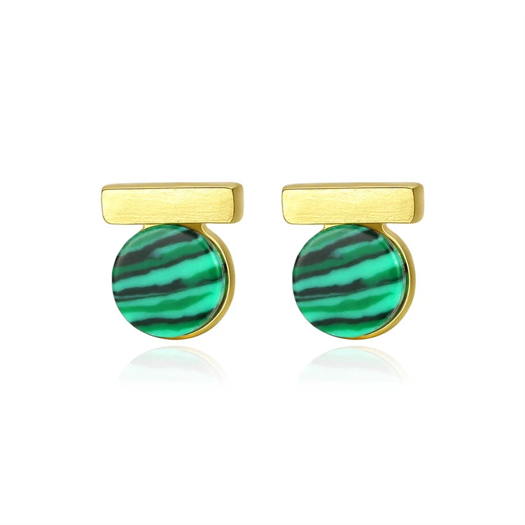 Fine Jewelry 18k Gold Plating 925 Sterling Silver Women Simple Round Malachite Stud Earrings for Girls