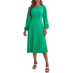 Women Casual Dress Fashion Long Sleeve Solid Color Pleated Loose Fit Holiday Dress Women's Clothing