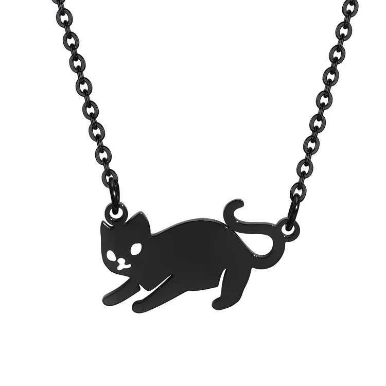 Cute Jewelry Necklace Black Plated Stainless Steel Animal Cat Pendant Necklace