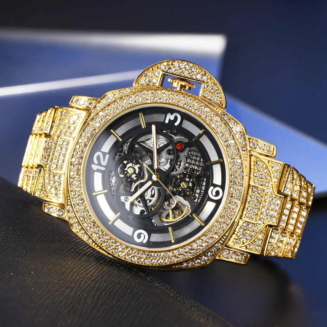 2025 New Style Hip Hop Luxury Jewelry  18k Gold Plated Big Dial Full Iced Out Zircon Diamond Mechanical Watch for Men