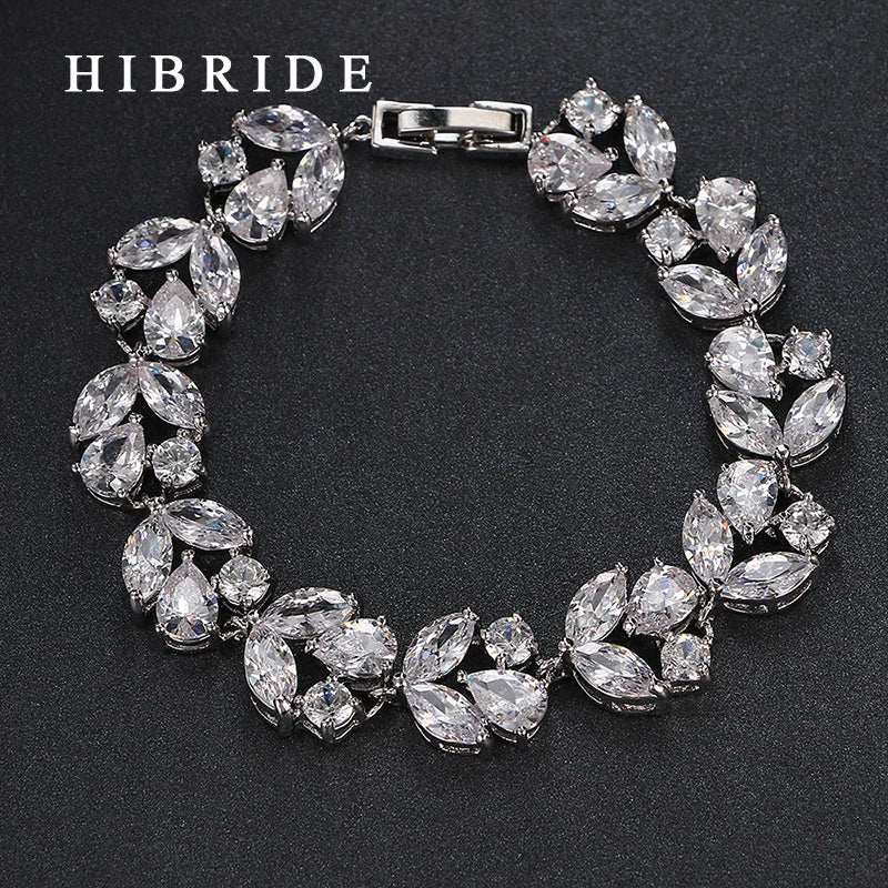 HIBRIDE JEWELRY Brand Charm Leaf Shape AAA Cubic Zircon Wedding BraceletsWhite Gold Color Bangles Luxury Women Jewelry B-17