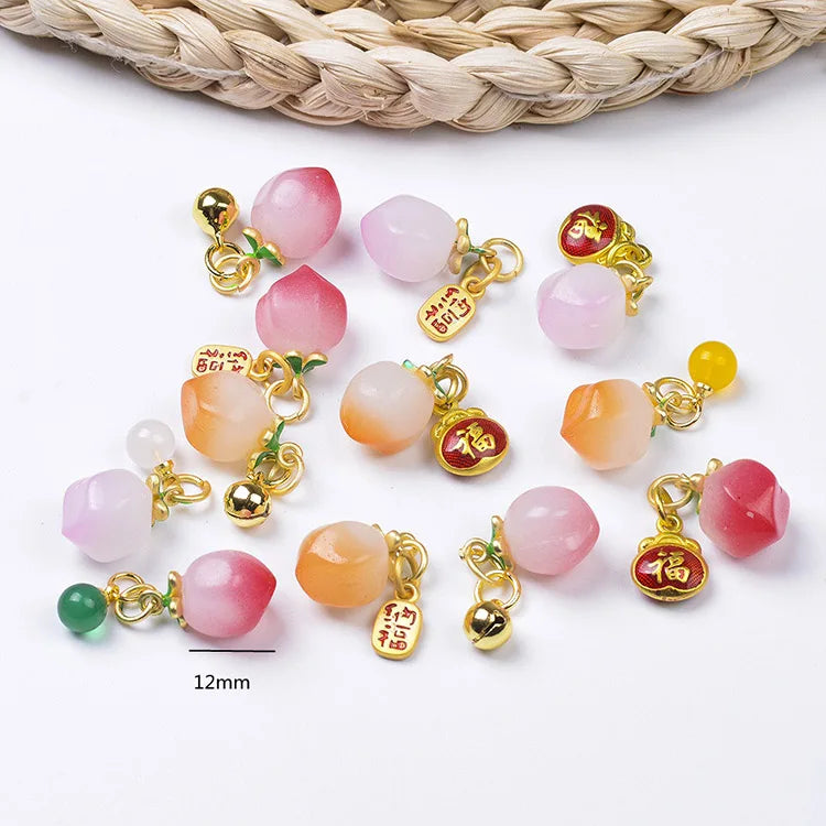 JS1649 Dainty Matte Gold Plated Lucky Fortune Medal Charms with Gemstone Stone Peach Ball Double Bracelet Charms