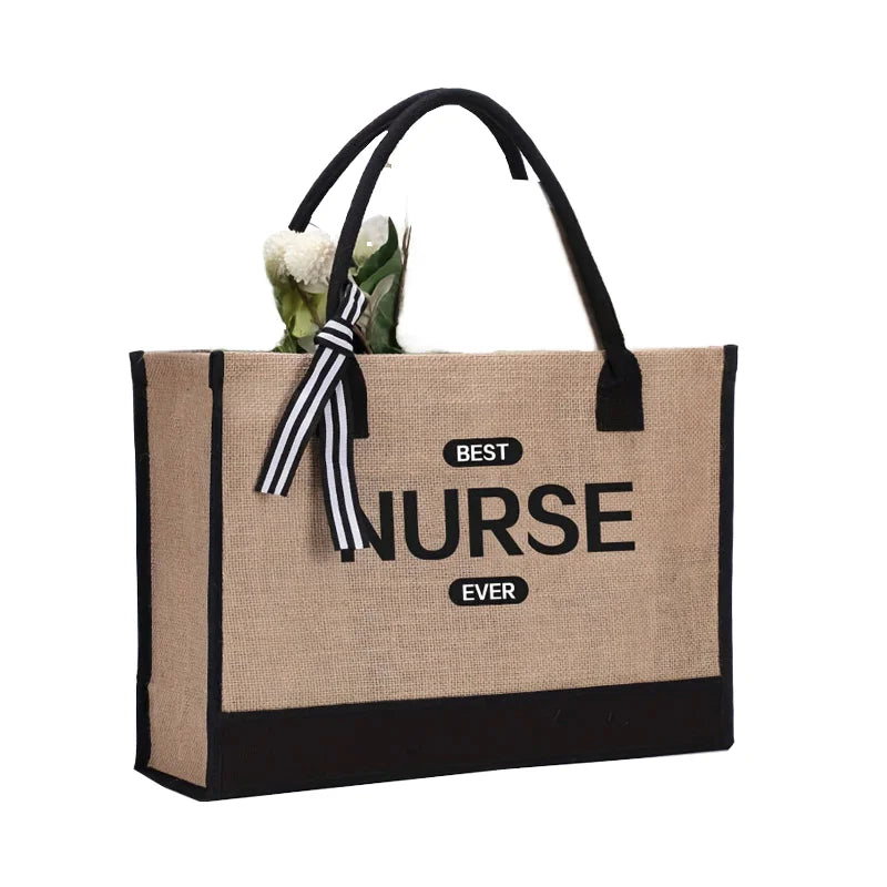 Custom Logo Reusable Travel Canvas Jute Burlap Tote Bag Letter Wedding Jute Beach Gift Tote Bag for Daily Holiday