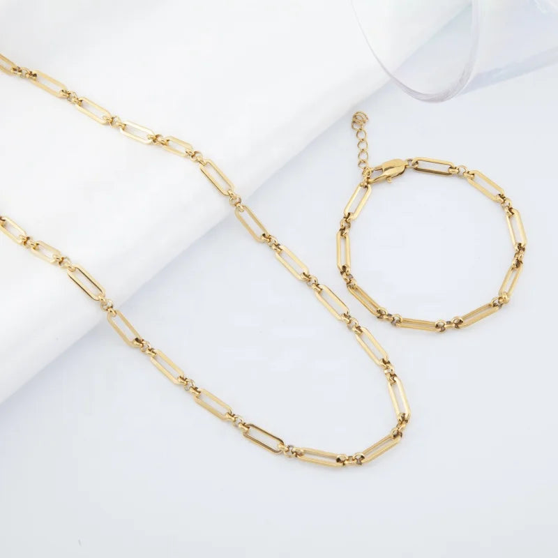 Fashion Trend Geometric Chain Stainless Steel Gold Plated Rectangle Women Sublimation Necklace Luxury Bracelet Jewelry Set