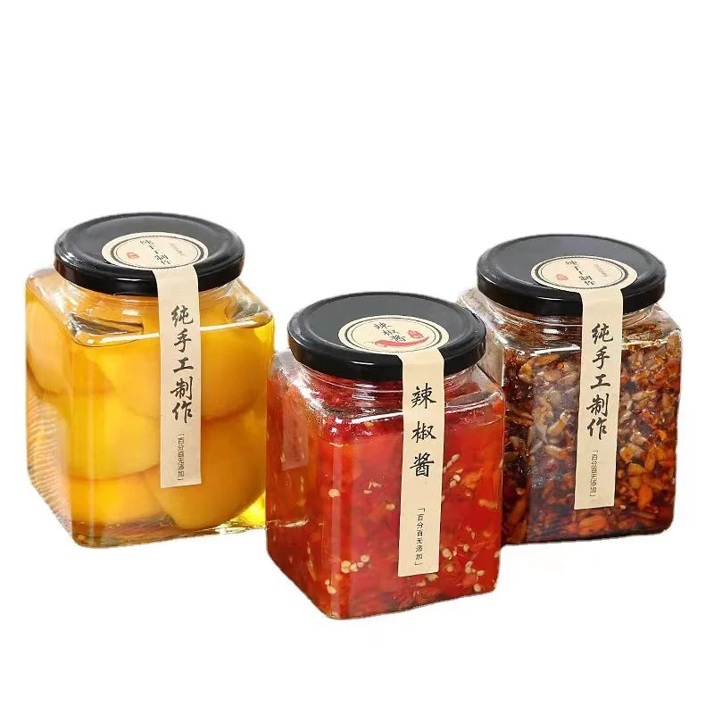 Factory Price Empty Square  Glass Jar Chili Sauce Jars  50ml-  730ml Food Storage Container Honey Glass Jar With Metal Lid