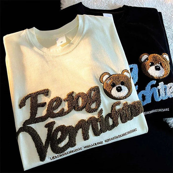 Mens Summer Short Sleeve Tee Cartoon Chenille Embroidery Oversize T Shirts Embroidered T-Shirts