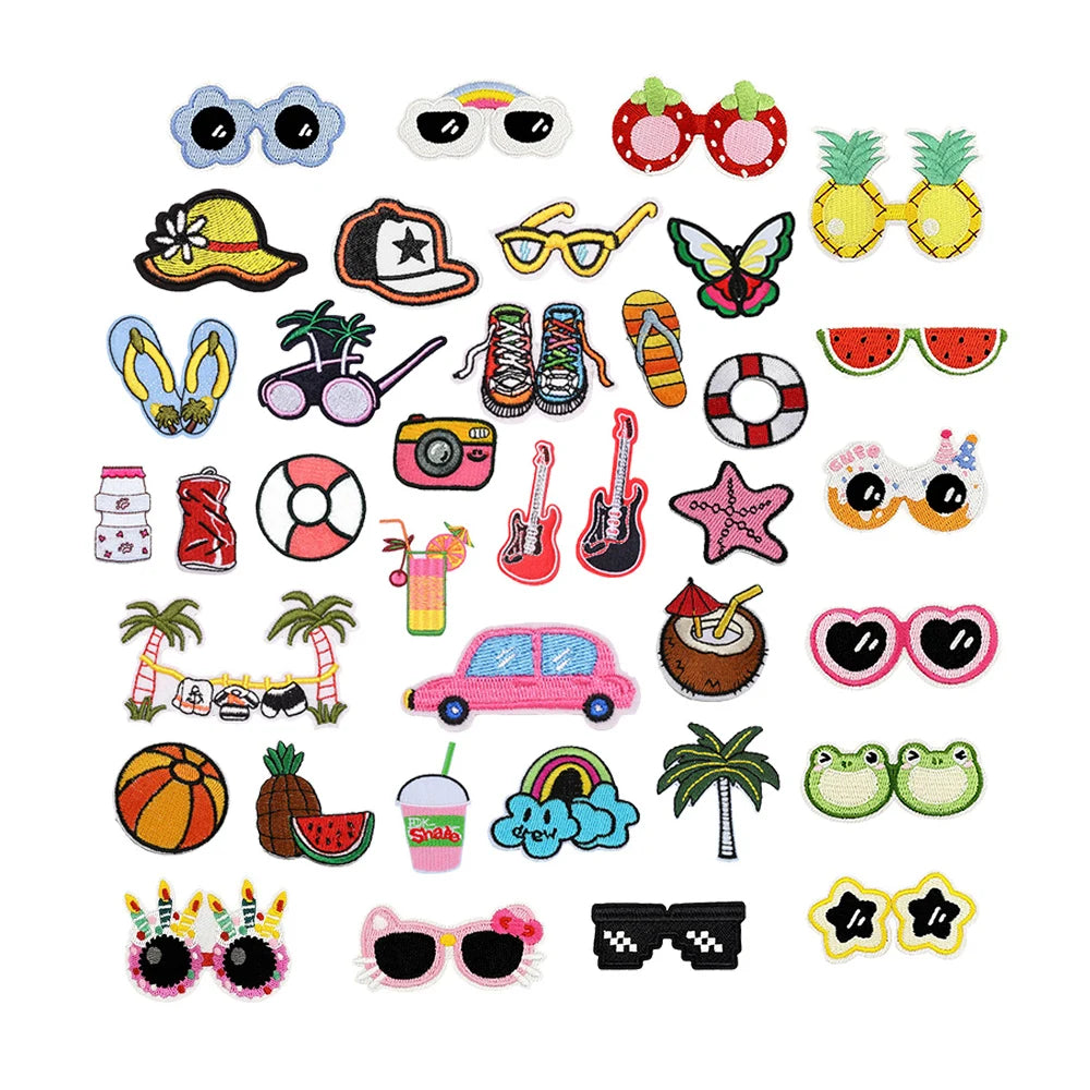 Hot Sale Cute Sea Beach Vacation Theme Sunglass Slipper Cap Tree Drinks Design Iron on Embroidery Patches for Diy Craft