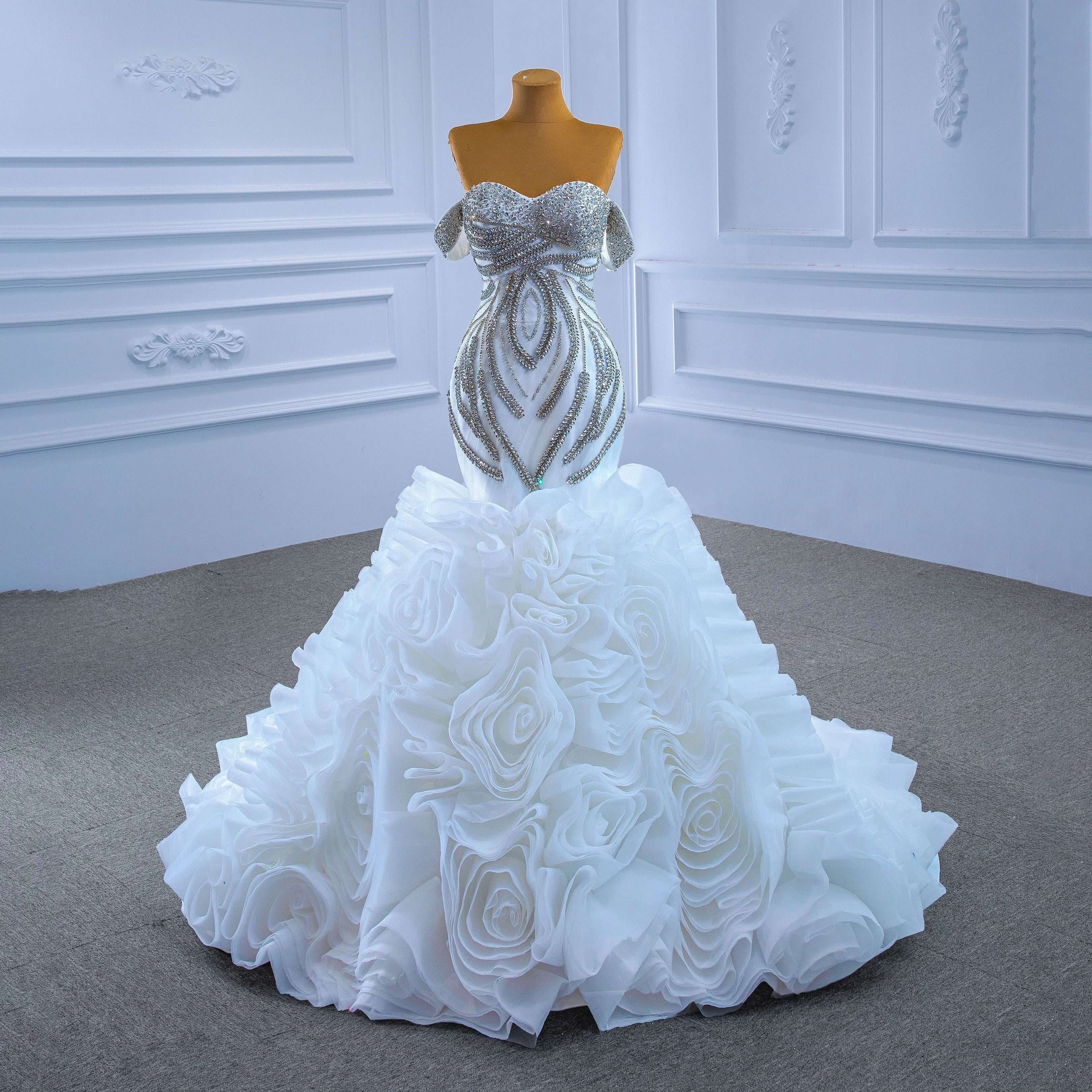 Jancember Rsm67365 High Quality Luxury Elegant Off-The-Shoulder White Mermaid Wedding Dress