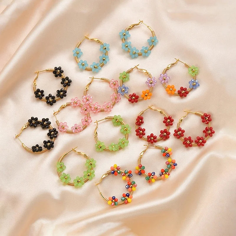 Fashion Hoop Earrings Flower Gold Plated Jewelry Colorful Beaded Glass Crystal Seed Bead Earrings Stainless Steel
