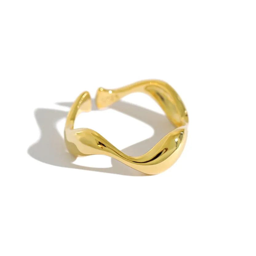 Melynn Minimalist Wave Design Plain Gold Ring 925 Sterling Silver Open Rings Gold Plated Women Adjustable Pure Silver Ring