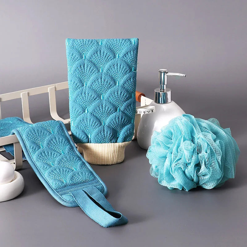 3Pcs Mermaid Scale Set Viscose Loofah Mesh Bath Sponge Strap Glove Set Dead Skin Remover Body Spa Exfoliating Scrubber Set